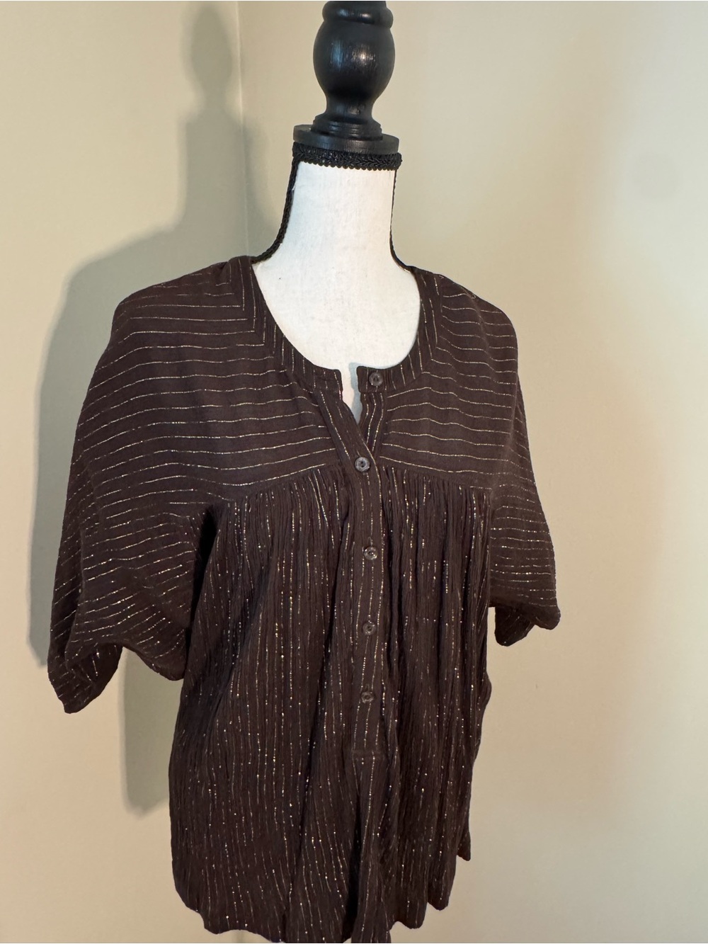 Trina Turk Brown Short-Sleeve Button-Front Top with Metallic Thread